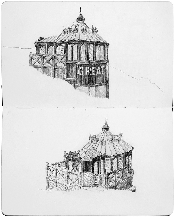 Black and white sketch, sketchbook with two sketches of a circular building on the edge of a ridge; the building has a conical roof, a small square entryway, and wooden fences surrounding a deck. The top image shows the building from beneath the ridge, highlighting the main circular area, the bottom image shows the building from the entry on land, highlighting the square entryway and the deck.