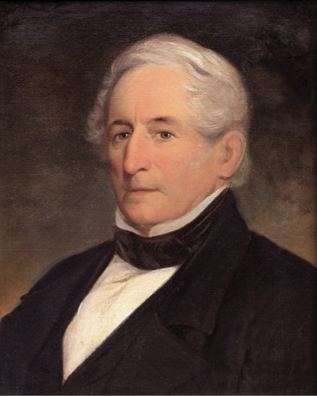 Colour painting. Head and shoulders portrait of a white man wearing a black suit, white shirt, and black necktie. He has white hair, a roman nose, and a serious expression.