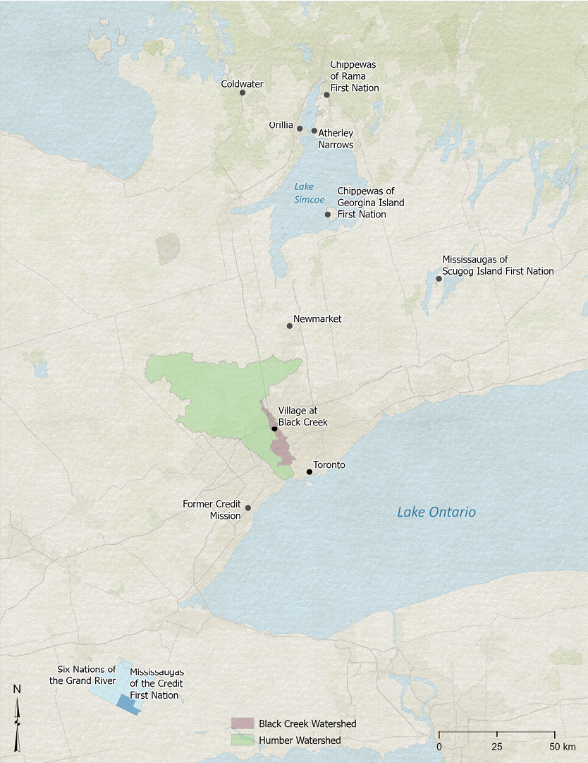Colour map. Map of southern Ontario, showing the locations of present-day First Nations. The Humber Watershed and Black Creek Watershed are highlighted.

