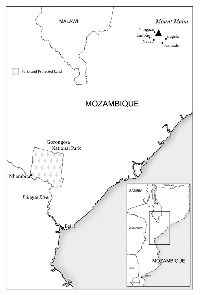 Black and white map: Map of east central Mozambique.