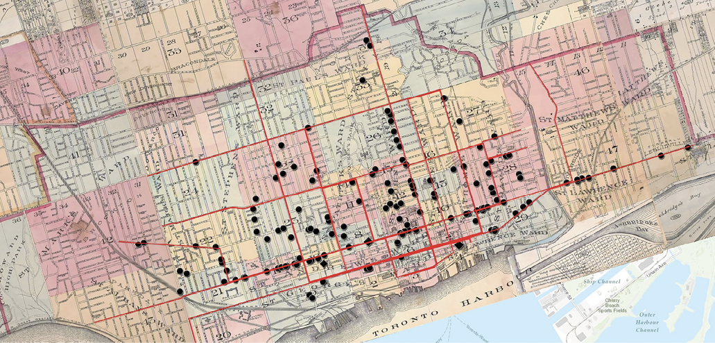 Historical map of Toronto covered in black dots and red lines
