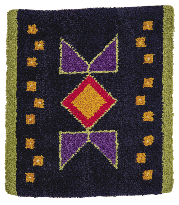 Black portrait rug with green lines down each side. The pattern is four purple triangles almost positioned as eyes and mouth with a red-outlined orange diamond in the center. There are small orange squares along both sides inside the green lines.