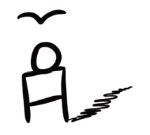 Black and white line drawing: A person with a shadow behind them. A bird is flying above them.