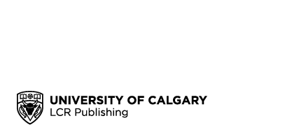 Logo: University of Calgary Press - Black line drawing: A shield with a bull head in the centre, flanked by flags, with open books in the top corners and a flower between them.