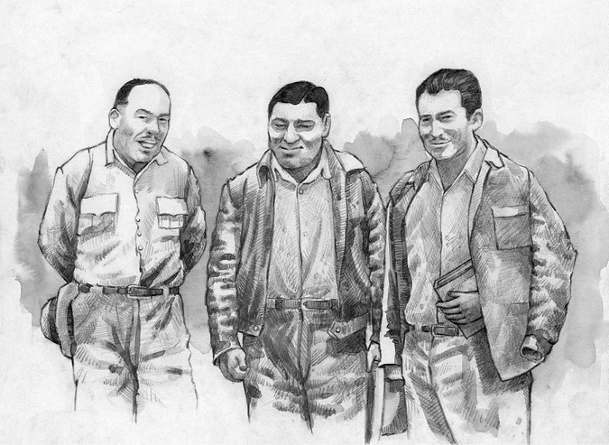 A drawing of three peasant and worker union leaders posing in an outdoor setting.