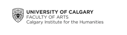 Logo: University of Calgary Faculty of Arts - Black line drawing: A shield with a bull head in the centre, flanked by flags, with open books in the top corners and a flower between them.