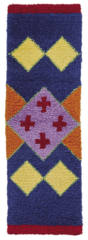 Vertical blue rug with red along the top and bottom. Yellow diamonds above and below a large purple diamond with four red crosses in it and orange triangles on each side