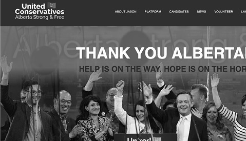 The UCP website shows Jason Kenney and caucus members standing behind a podium with balloons and streamers around them. The text runs off the page, but we can infer that the large letters read "Thank You Albertans. Hope is on the Way, Help is on the Horizon."