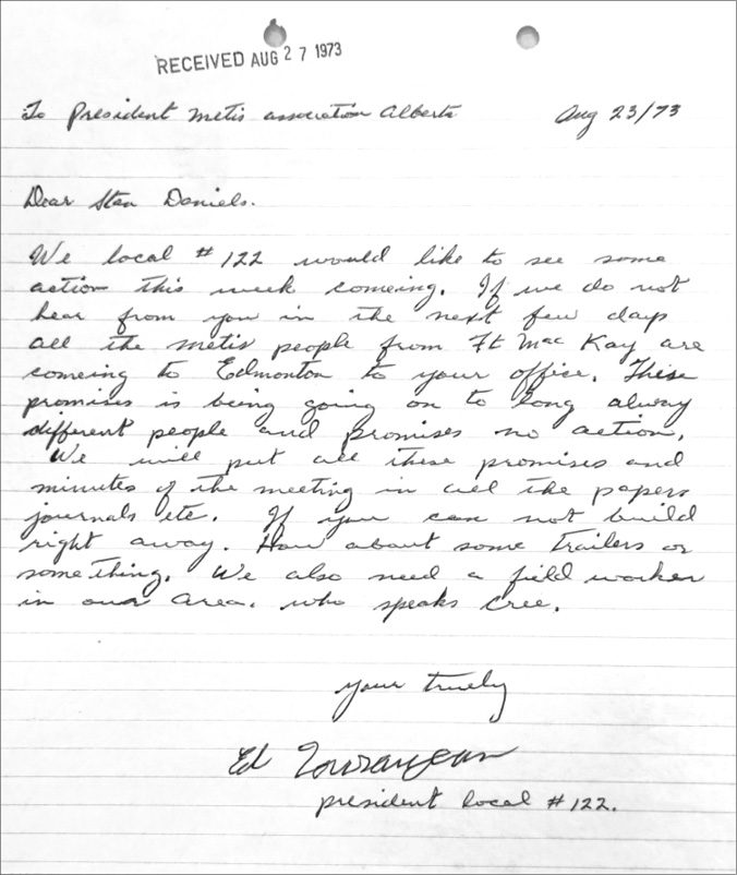 The image is a scanned or photographed letter written on lined paper. At the top, there is an ink stamp marking RECEIVED AUG 27 1973. The letter is addressed to President Metis Association Alberta and dated Aug 23/73. Handwritten in a cursive style, the letter text is printed above.