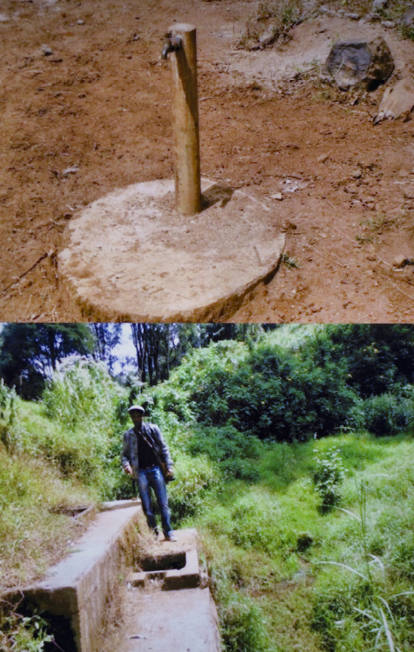 A standing pipe sits atop a cement base. The tap on top is coated with dust, the land surrounding the pipe is dry, read earth with some rock. Below this image is a separate scene in another area where a man is standing next to a cement area for water collection that has long dried out, with some low growing plants and grasses that surround the old cement water collection tank, now growing around and into the tank.