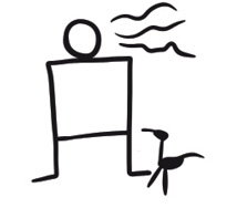 Black and white line drawing: A person with flowing hair. There is a small bird standing next to them. 