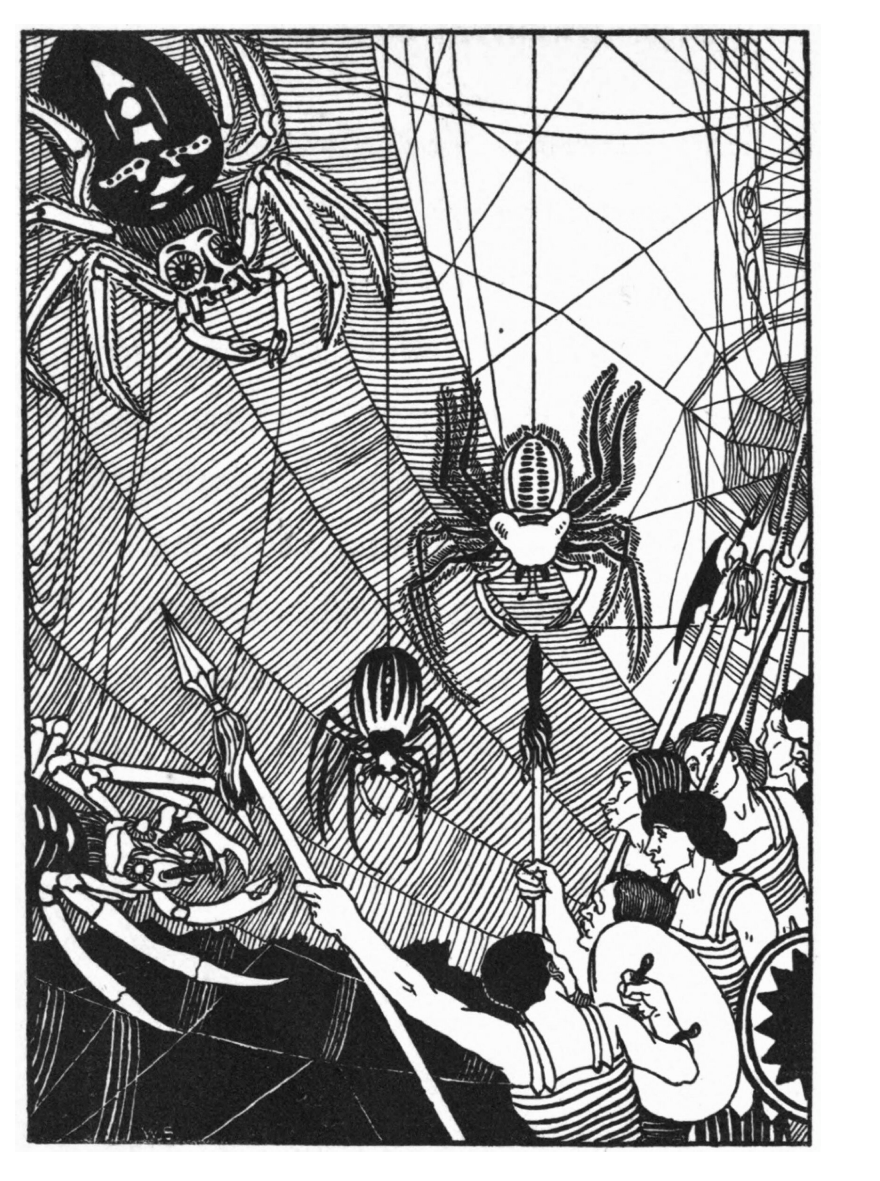 Black and white illustration: Giant spiders descending from webs towards a group of soldiers with spears and shields.