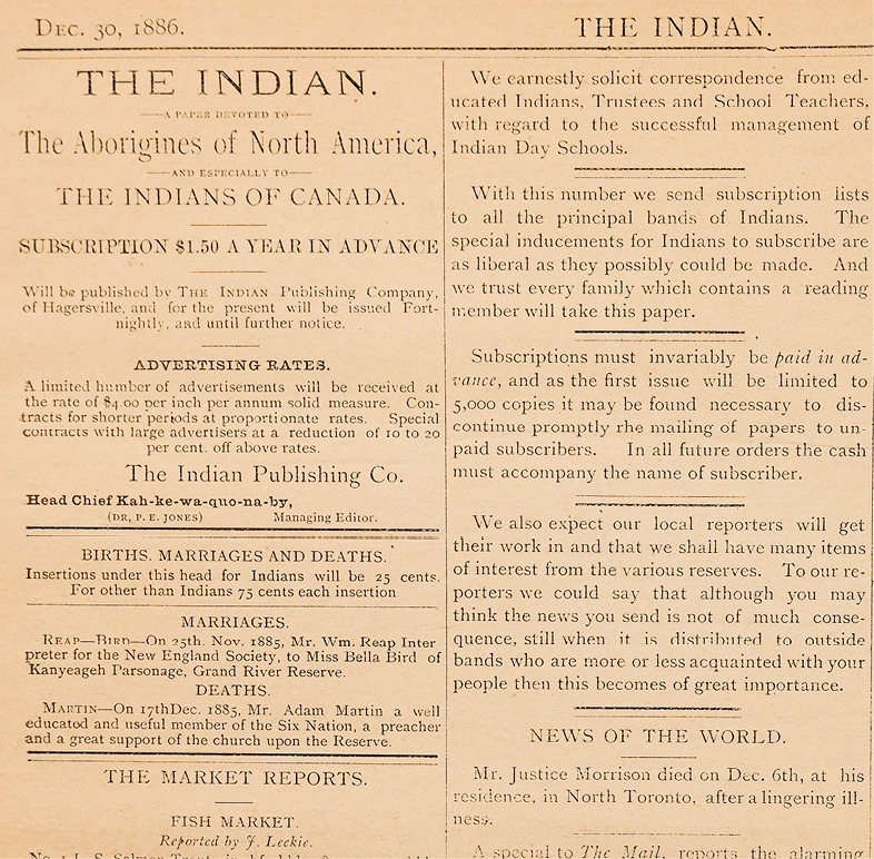 Black and white scan. Clipping from a nineteenth century newspaper, with a banner The Indian. The newspaper has several short paragraphs with advertising rates, and subscription information. A section for Market Reports and News of the World is visible at the bottom of the image.