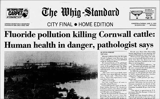 Black and white scan of newspaper front page: The newspaper is The Whig Standard, and the main headline in the centre is “Fluoride pollution killing Cornwall cattle: Human health in danger, pathologist says.” A picture is obscured by the overlay of the following image.