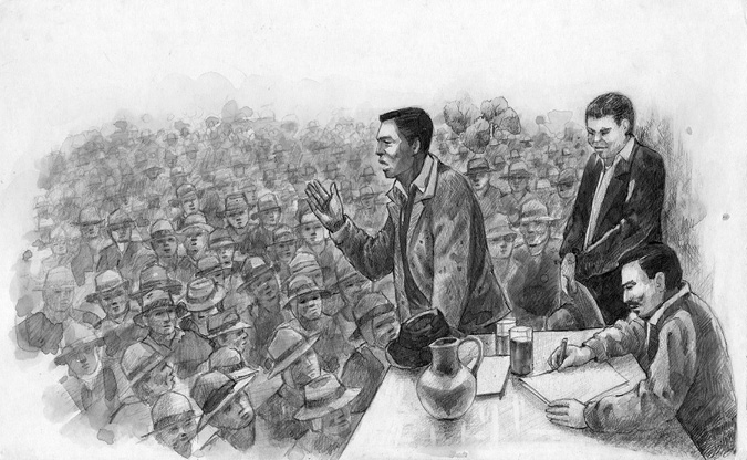 A drawing of a man addressing a crowd of peasants from an outdoor assembly’s podium.