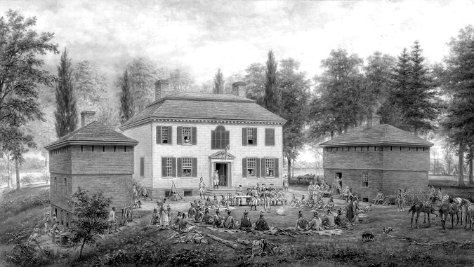 Black and white photograph of artwork: Painting of Johnson Hall, a two-storey building. In front of the building are two outbuildings, one on each side. The painting depicts a non-Indigenous man in front of the main building presenting medals to Indigenous chiefs while others are seated watching the presentation. There are trees and open land surrounding the building. 
