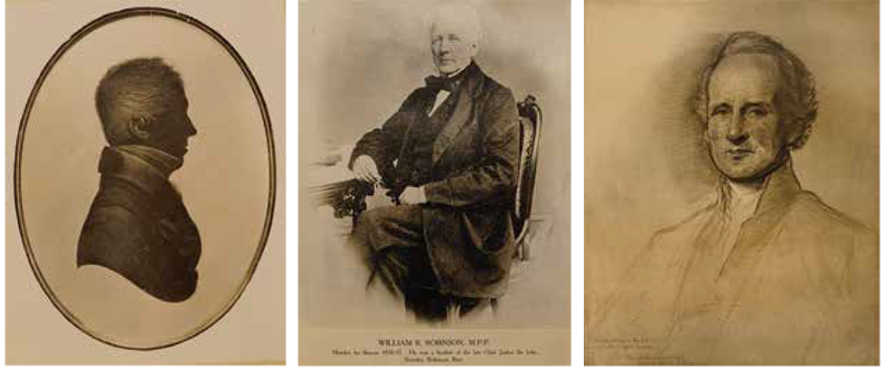Triptych from left to right: 1. Brown and sepia painting. Silhouette of a man’s head and shoulders inside an oval frame. The man has short hair, is wearing a coat and cravat. He is facing to the right. 2. Black and sepia historical photograph. Portrait of an older white man sitting on a chair at a desk. He is wearing a jacket, waistcoat and bowtie. He is leaning on the desk with his right arm. He has short white hair. 3. Black and sepia drawing. Sketch head and shoulders portrait of a white man. He faces forward and has medium length hair. The portrait is detailed around the face, and the detail fades going down to his shoulders.