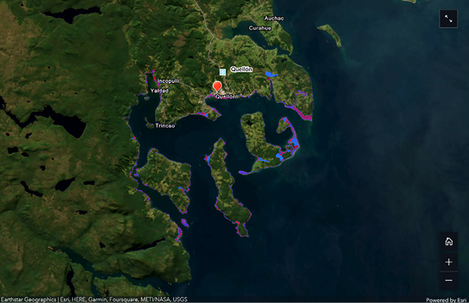 Colour map: Storymap shows the location of Chilean research sites on the central coast: Maullín, Dalcahue, and Quellón.