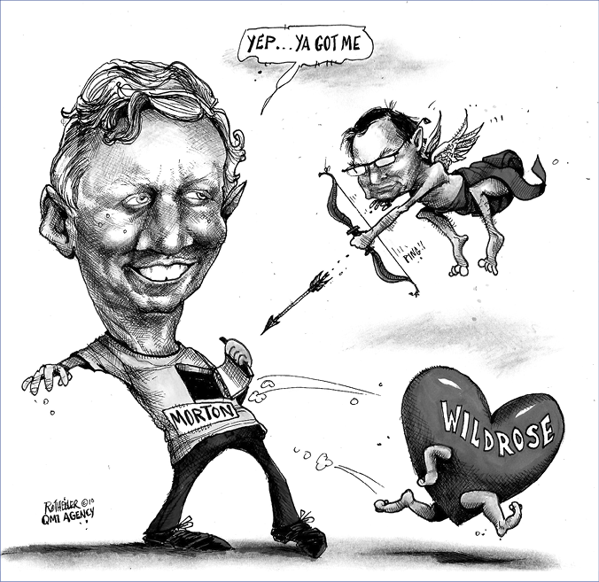 Black and white political cartoon from the Calgary Sun from January 9, 2010. The image depicts Ted Morton opening up a door to his chest, with his heart, labelled “Wildrose”, running away. Premier Stelmach, depicted as a cupid, is shooting an arrow into the opening in Morton’s chest. In a speech bubble, Morton says “Yep… ya got me.”
