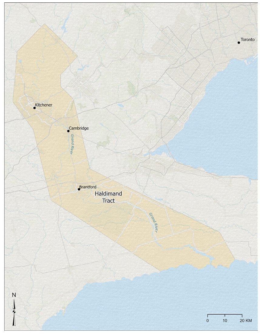 Colour map. Map of southern Ontario, highlighting the Haldimand Tract. This is a broad ribbon of land that runs in a curved shape along the Grand River north from Lake Erie. It encompasses the towns of Brantford, Cambridge, and Kitchener.
