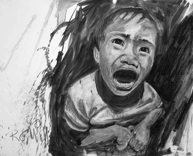 Black and white photograph of artwork: Image of a young boy with his hands squeezed and screaming, surrounded by an ominous black background.  He is clearly distressed.