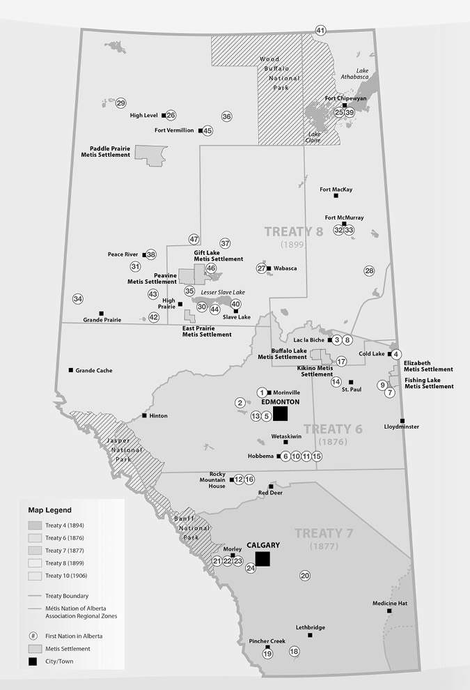 Black and white map: A map of Alberta showing locations of various First Nations, Métis settlements, Métis Nation of Alberta Association Regional Zones, and cities/towns. The map is divided into Treaty 6, Treaty 7, Treaty 8, and other regions, with a detailed legend. There is a higher concentration of settlements in Treaty 6 and Treaty 8.