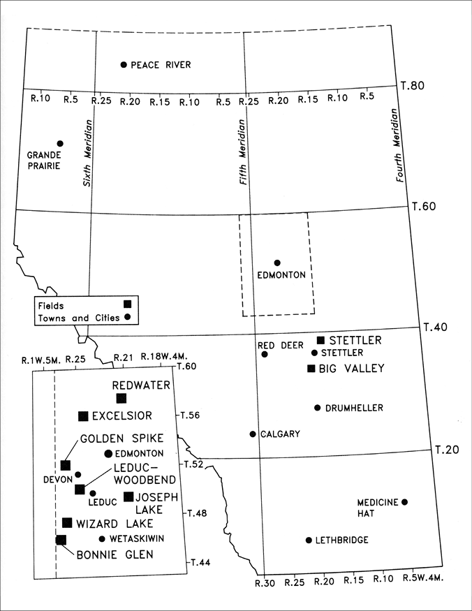 This map, prepared for David Breen’s History of the Alberta Conservation Board, shows the major sites of oil discoveries in the five years after Leduc, with an inset map of the Edmonton region where many of these discoveries were made.