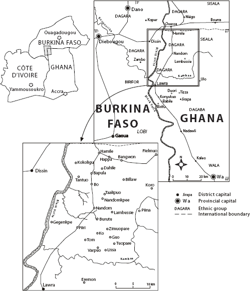Map of southwestern Burkina Faso and northwestern Ghana.