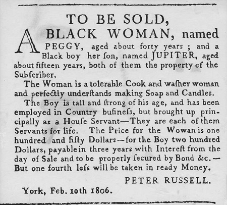 Black and white document. Clipping of a nineteenth century newspaper advertisement. A large heading reads “To Be Sold, A Black Woman” and further details are given in the following paragraph.