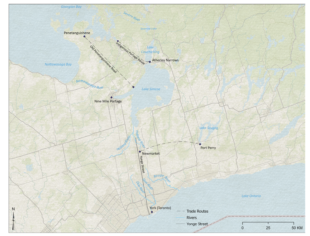 Colour map. Map of the area between Lake Ontario and Georgian Bay. Major settlements such as York and Newmarket are shown, as well as Atherley Narrows and Nine Mile Portage. Trade routes, rivers, and Yonge Street are highlighted on the map.