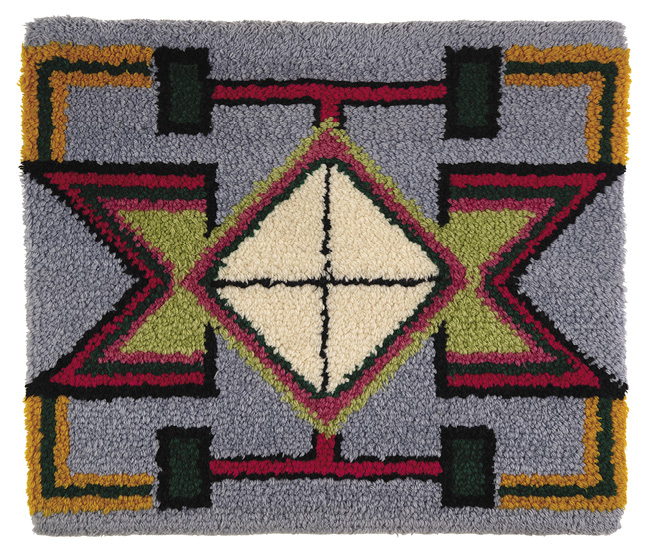 Blue landscape rectangle. Sideways red and black “M”s surround a white diamond outlined in green, red, and black, bisected by two black lines. Along the top and bottom are orange corners, black rectangles, and red lines connected all the elements.