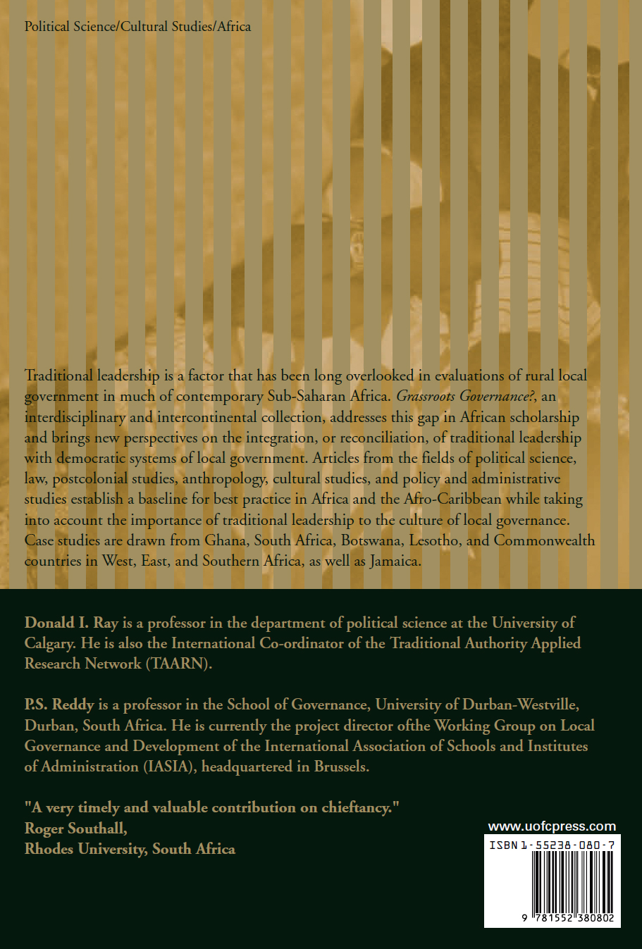 Back Cover: The back cover of the book with the bottom half in black and top half in stripes of gold and grey.