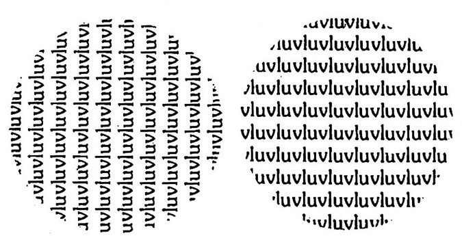 Black and white page scan: Two circles on a horizontal plane are filled with the word “luv” written over and over, running off the edges of the circle. In the first circle the writing reads from top to bottom, in the second circle it reads left to right.