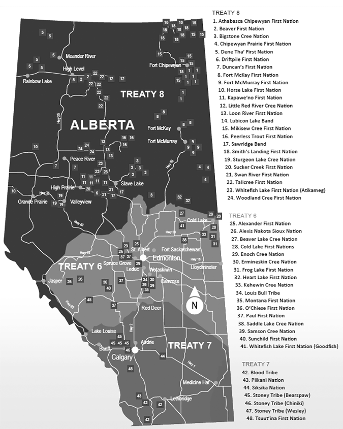 Black and white map: A map of Alberta showing Treaty 6, 7, and 8 areas, including locations of various First Nations communities. The map lists the names of 48 communities corresponding to numbered markers grouped by Treaty. Treaty 6 covers central Alberta, Treaty 7, the south and Treaty 8, the north.