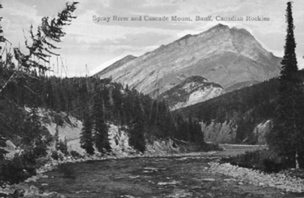 A postcard shows the Spray River running through the Banff golf course.