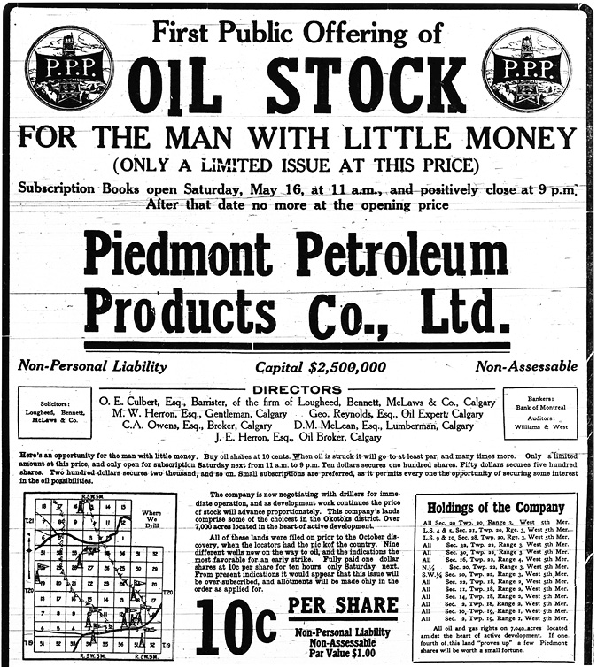 Figure 3-6 Piedmont Petroleum Products. Black and white reproduction of a newspaper advertisement selling stock in the Piedmont Petroleum Products Company. The ad specifically addresses itself to “the man with little money,” offering stock for sale at 10 cents per share.