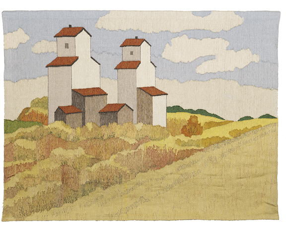 Photo: artwork of two large grain silos and smaller barns on a hill above amber fields and beneath blue skies. 