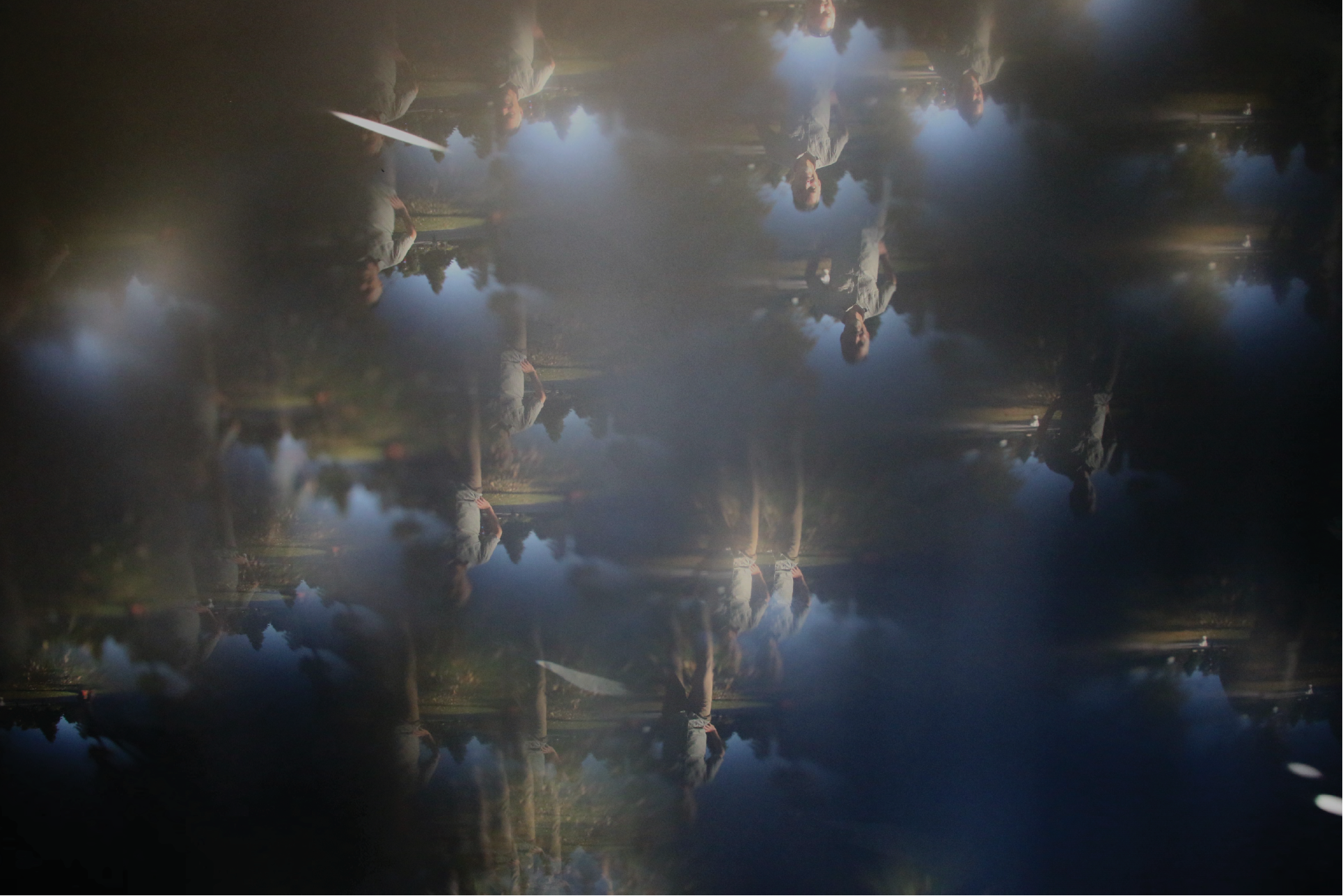 Colour photograph: Pinhole photograph, showing multiple identical inverted images of a person, with trees in the background.