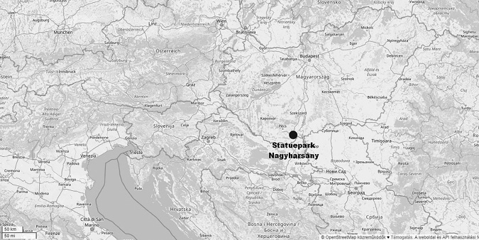 Black and white map, terrain map of southern-central Europe highlighting the location of Statuepark Nagyharsany in southern Hungary.