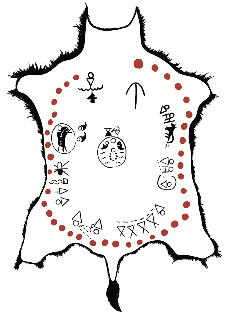 Cultural Symbols: Line drawing of a buffalo hide, with the chapter symbols drawn in Blackfoot style around the edge. These symbols are described in full in the following illustration. They are arranged in a clockwise fashion from beginning to end. A circle of red dots surround these.