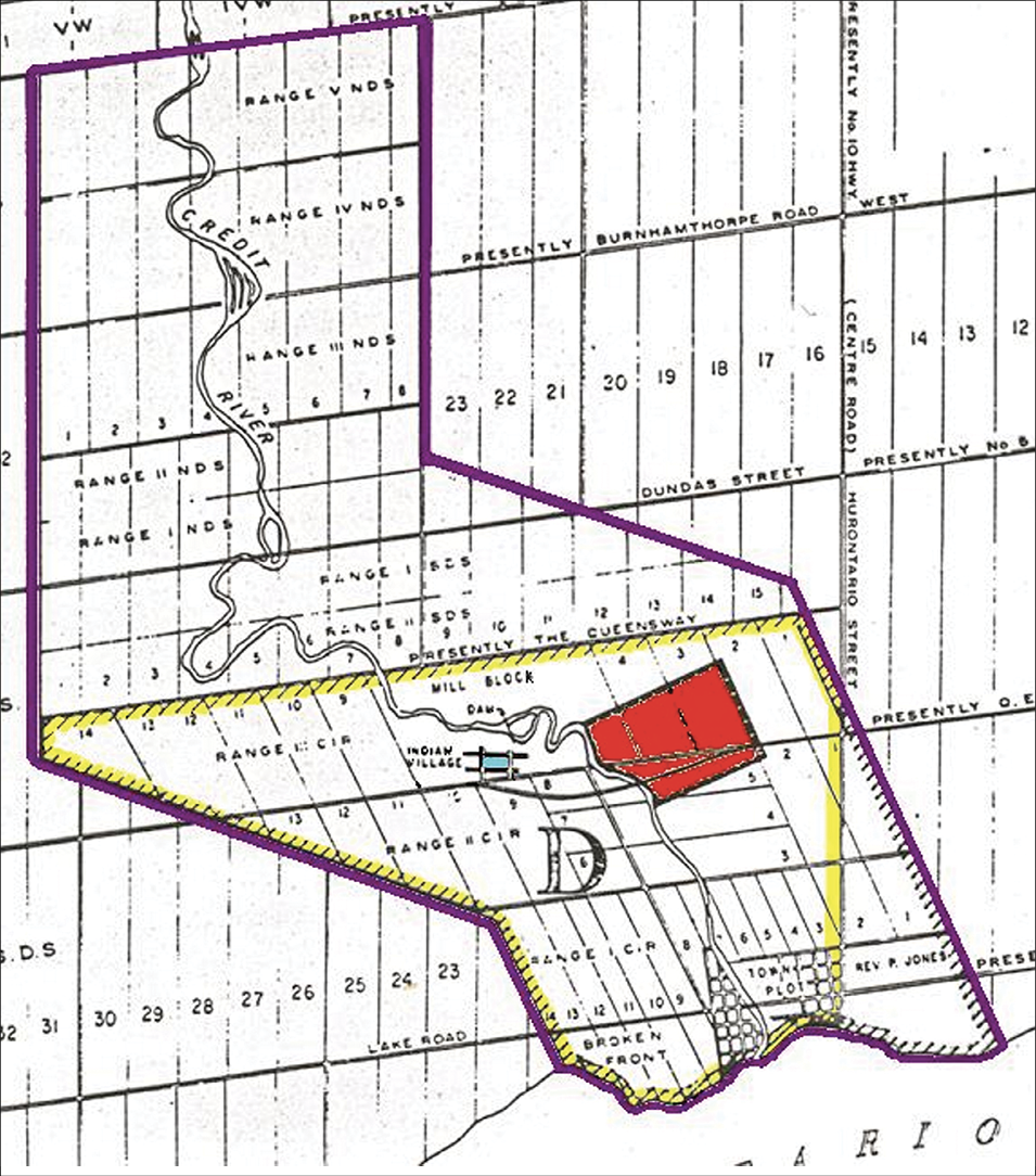 Colour map. Map showing historic rectangular land divisions, with a large purple outline showing the Credit River Reserve in 1805. This runs the length of the Credit River. A smaller area outlined in yellow is inside this, and inside this yellow area, there is a much smaller red rectangle on the east bank of the Credit River and a very small blue rectangle on the west bank.