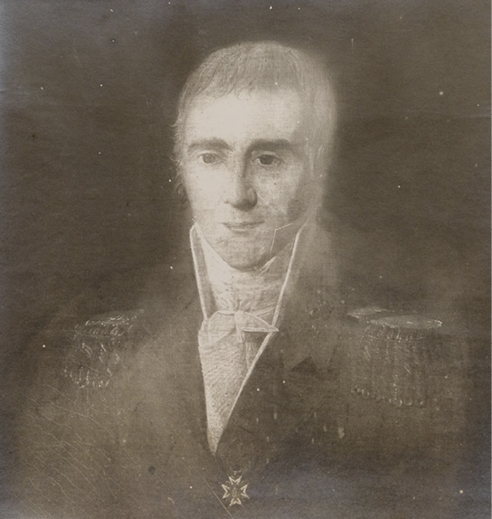 Black and white painting. Head and shoulders portrait of a white man in a military uniform. He is wearing a medal, epaulettes, and a cravat. He has short hair and looks forward.