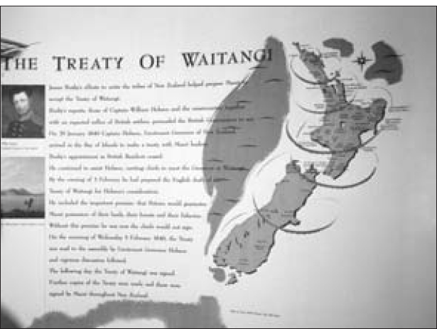 A photo of The Treaty of Waitangi on a poster that contains pictures of a British Official and a grassland on the left and a map of New Zealand on the right.