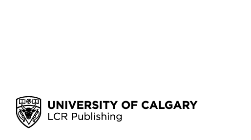 Logo: University of Calgary Press LCR Publisjing - Black line drawing: A shield with a bull head in the centre, flanked by flags, with open books in the top corners and a flower between them.