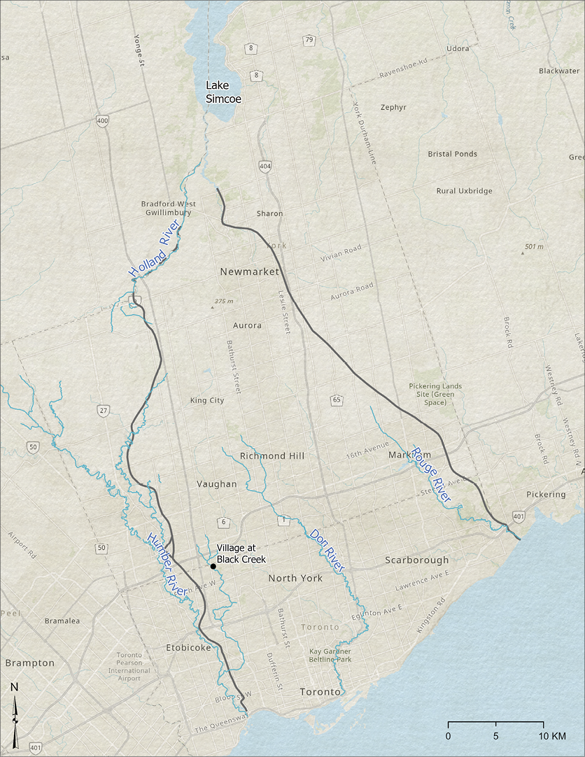 Colour Map. Map of present-day Toronto. The two Toronto Carrying-Place Trails are superimposed on this, with one running along the Humber River, with the other running just east of the Rouge River. Both run from branches of the Holland River just south of Lake Simcoe to Lake Ontario.