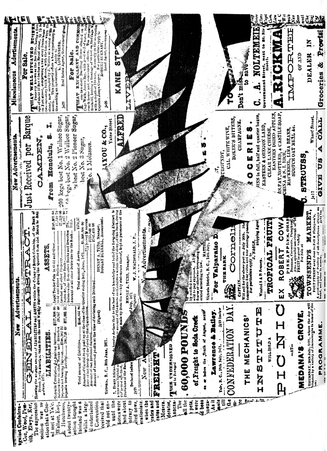 Black and white page scan: A collage of a page of torn newspaper as the background with piece of material cut into an abstract shape placed on top. This material has a pattern of black wavy lines and long wavy grey triangles.