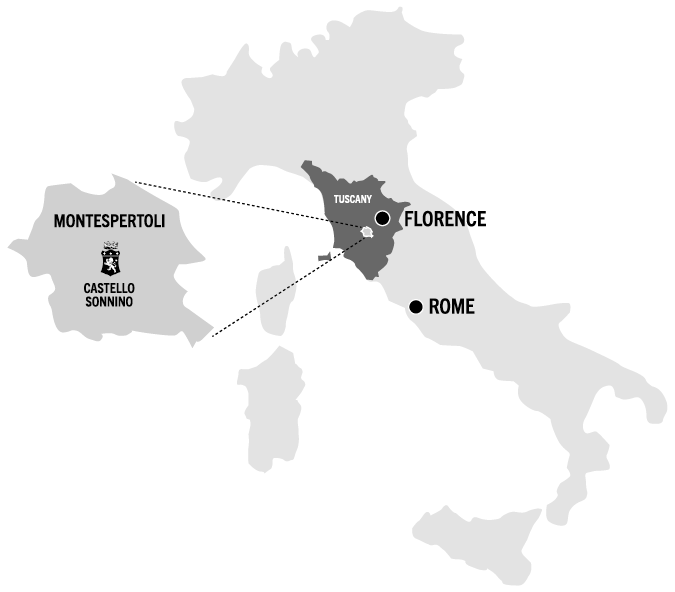 Black and white map: A map of Italy, highlighting Tuscany in the north, with a map of Montespertoli magnified in the centre of Tuscany, showing Castello Sonnino and its coat of arms bearing a lion. Florence and Rome are also identified.