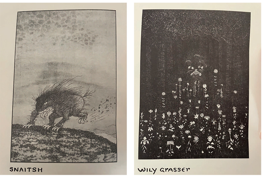 Left: Black and white illustration: A fantastical four-legged creature with claws and exposed teeth, running across a landscape, labeled “Snaitsh” at the bottom. Right: Black and white illustration: A sad-looking creature in the woods, with flowers in the foreground, labelled “Wily Grasser.”