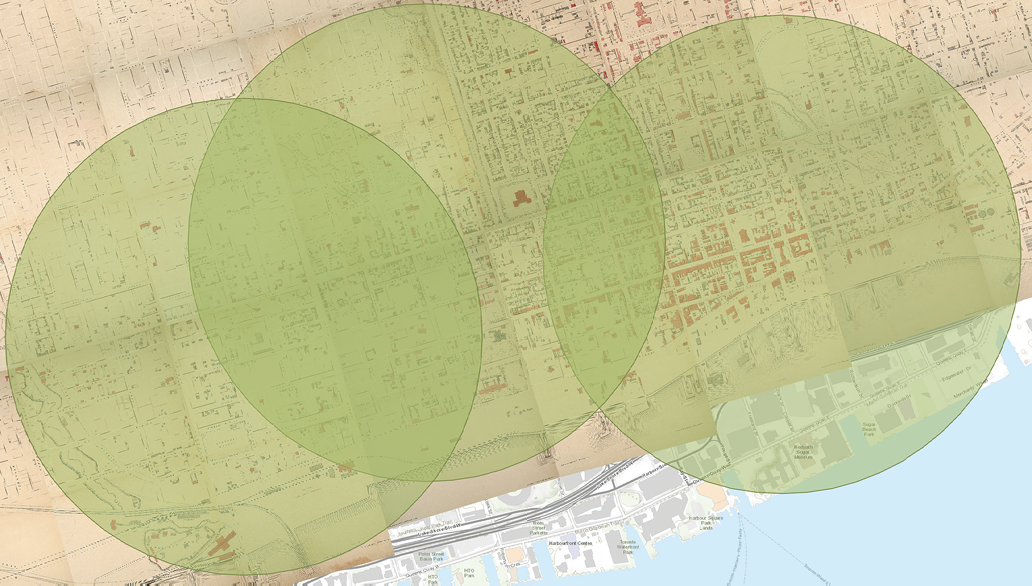 Map of Toronto with three large green circles overlaid