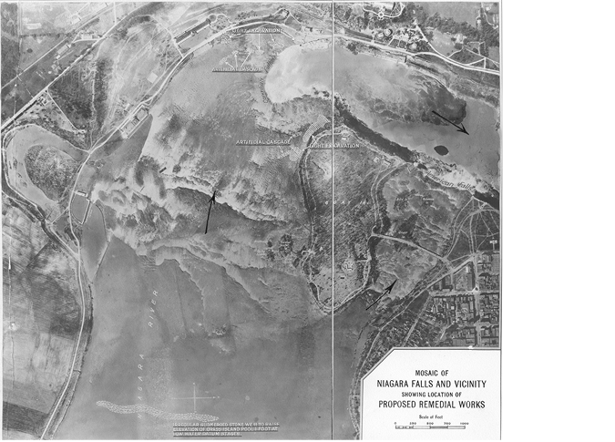 This photograph shows Niagara Falls, including the Canadian Horseshow Falls and the American Falls, prior to the remedial works constructed in the 1950s.
